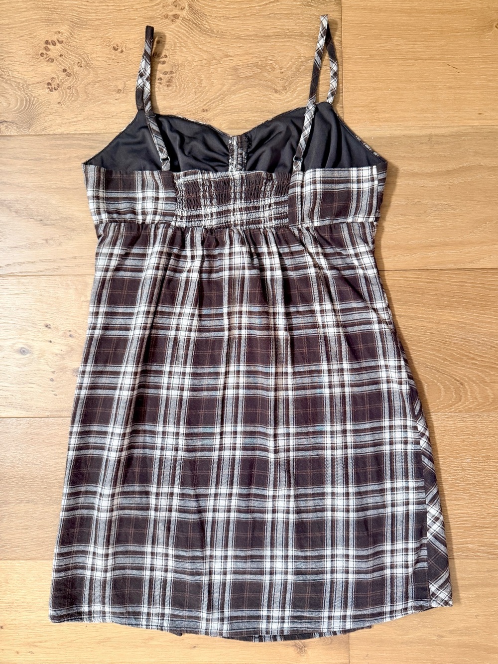 Live to be Spoiled Y2K Flannel Brown Plaid Tie Front Mini Dress Tunic Jrs Large - Picture 4 of 9